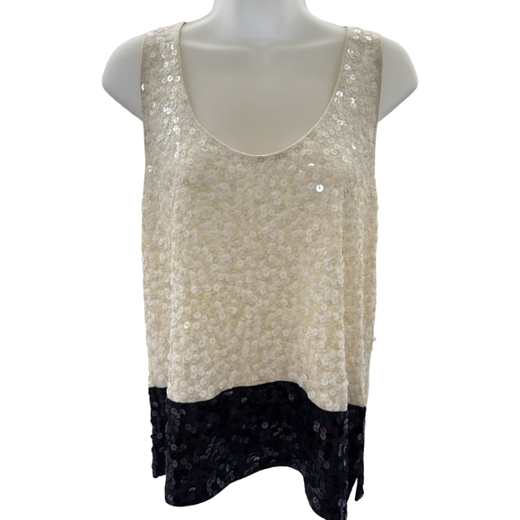 J.Crew Sequin Tank Top Size Medium Ivory Black Colorblock Sleeveless Scoop Neck - Picture 1 of 9